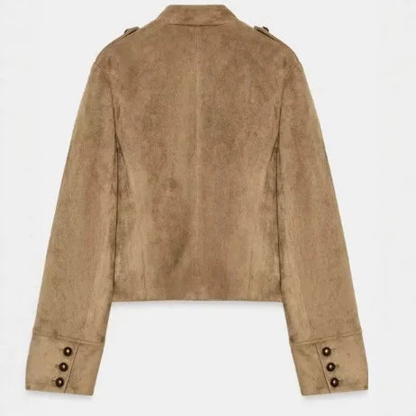 Dam Kort Suede Jacka i Military Look med Dekorativ Parade Knapp Knäppning