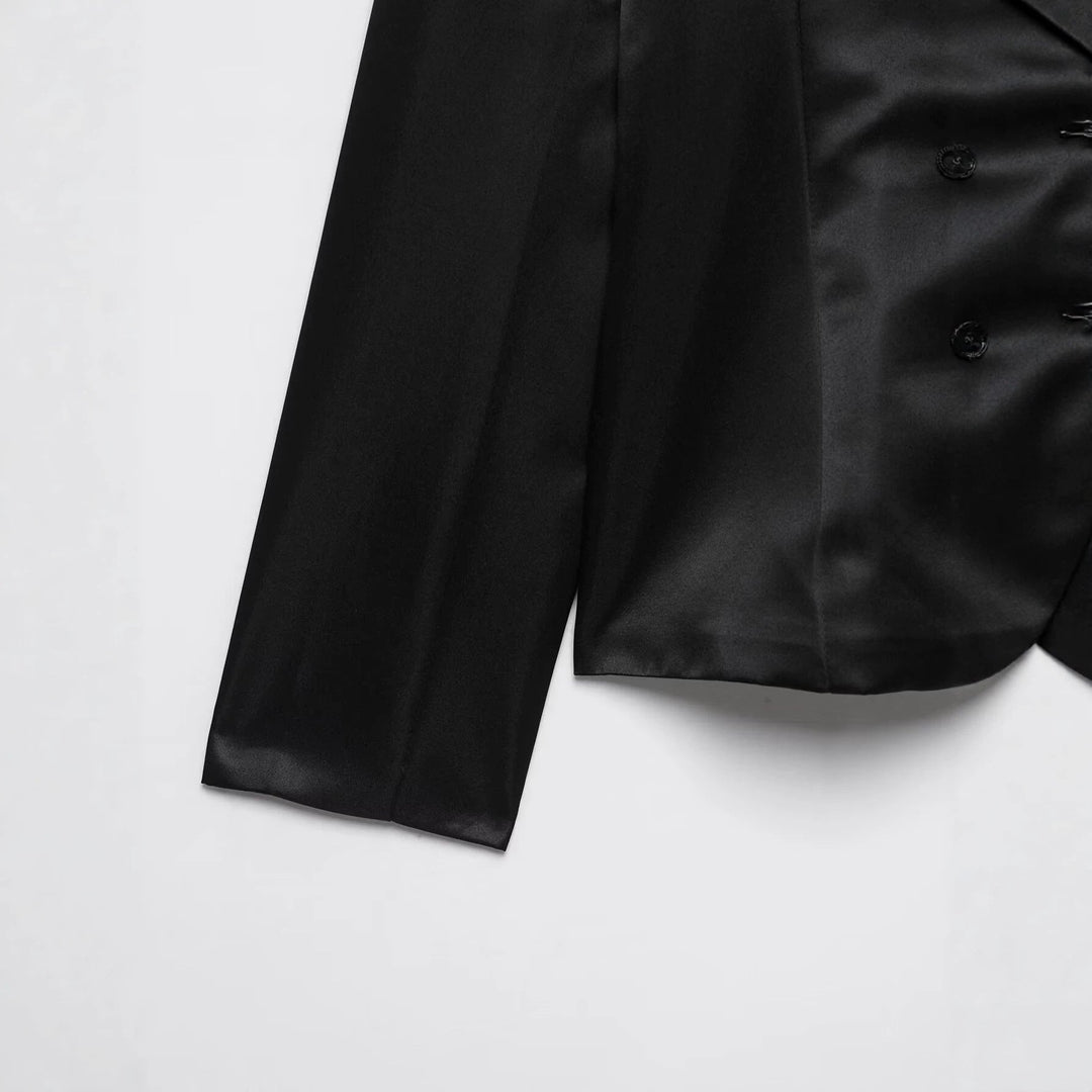Dam Satin Blazer Jacka med Mandarin Krage och Dekorativ Frog Knappar