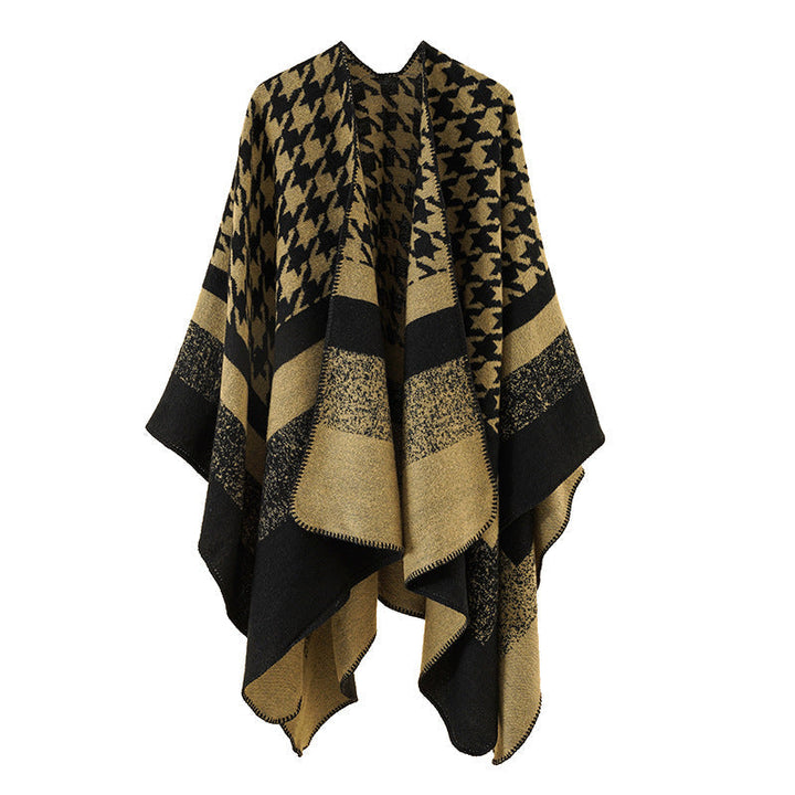 Dam Oversize Ruana poncho tillverkad av ullblandning med houndstooth och block jacquard mönster