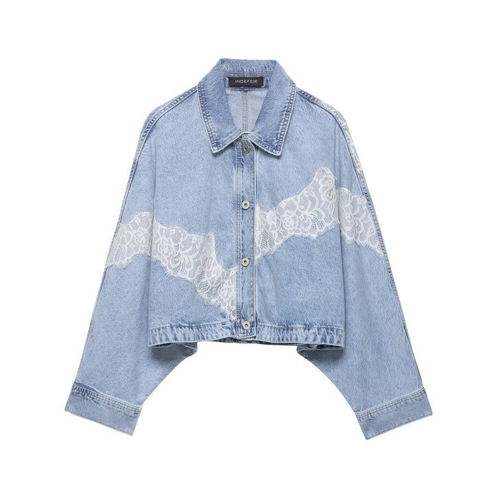 Dam Kort Skärning Oversize Denimjacka med Lace Detail och Batwing Ärmar