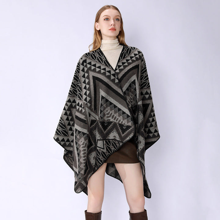 Dam Structured Jacquard poncho Overlay med Graphic Ethno mönster och Open kimono Fall