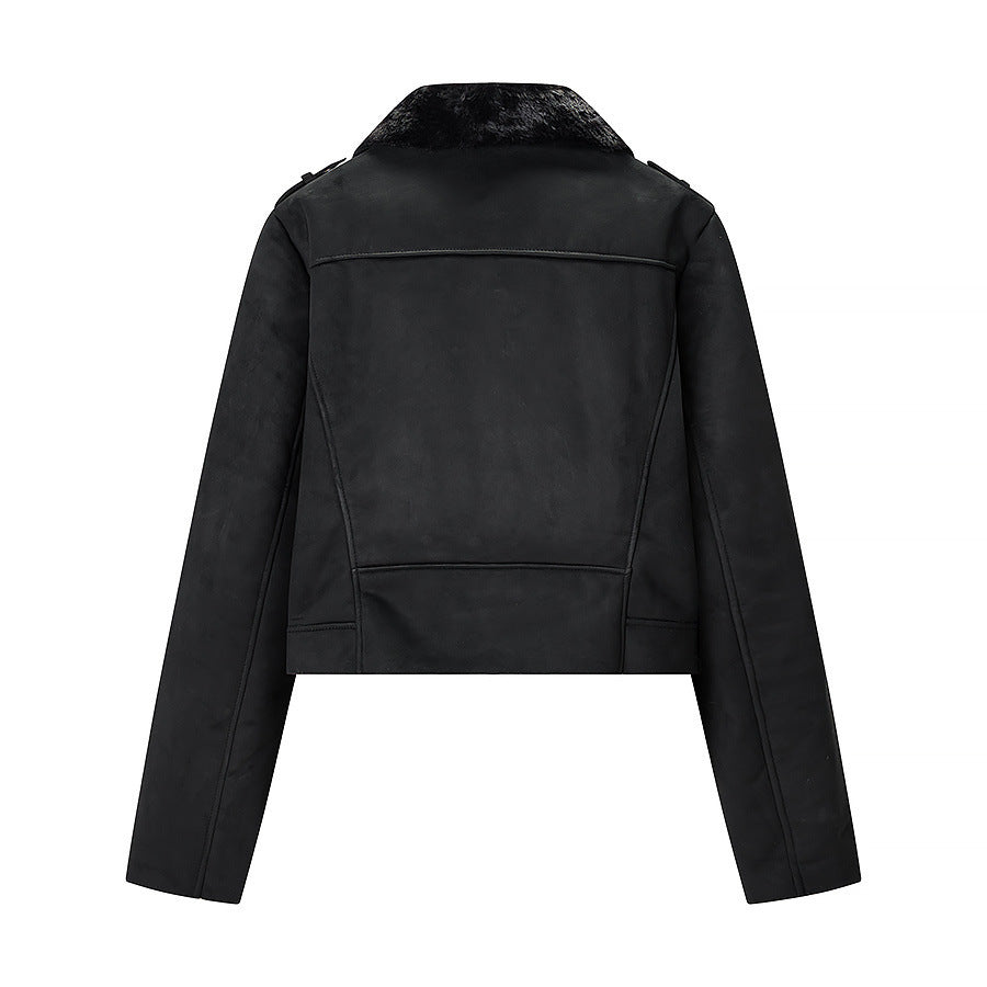 Dam kort bikerjacka med Faux Fur krage och mocka look