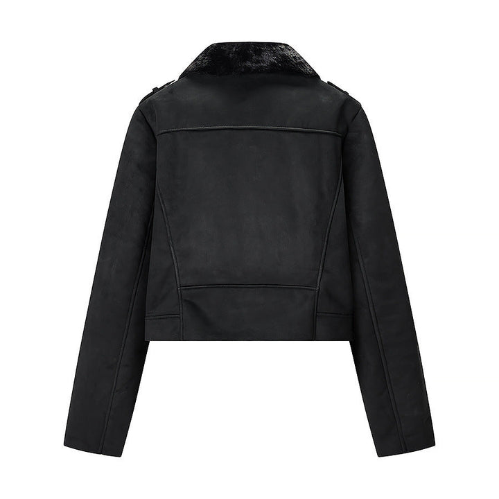 Dam kort bikerjacka med Faux Fur krage och mocka look