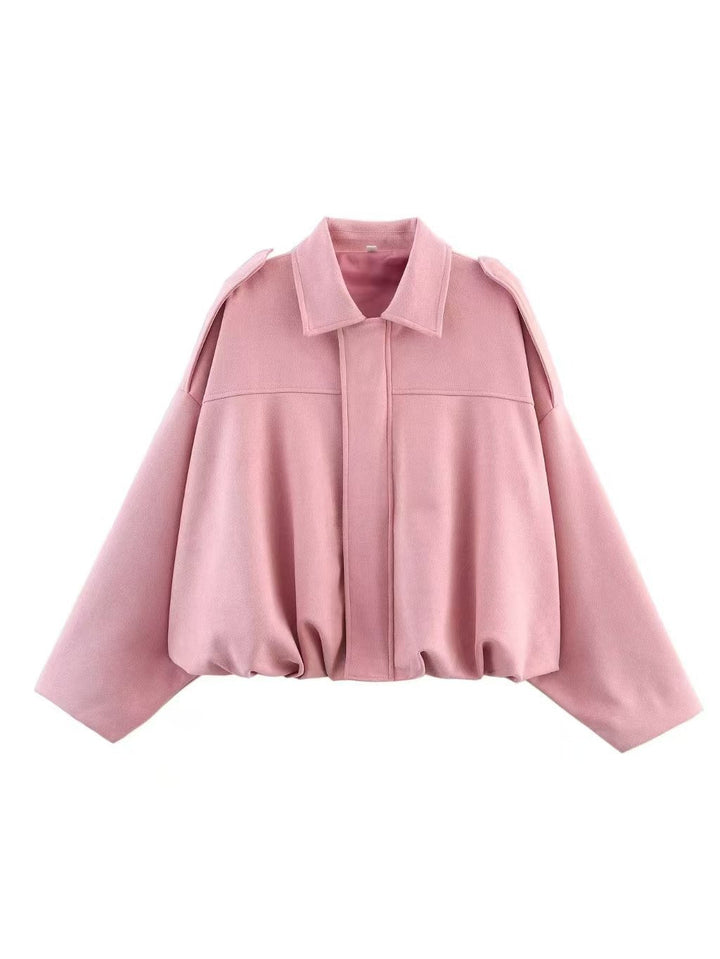 Dam Kort Boxig Övergångsjacka i Suede Look med Epaulettes