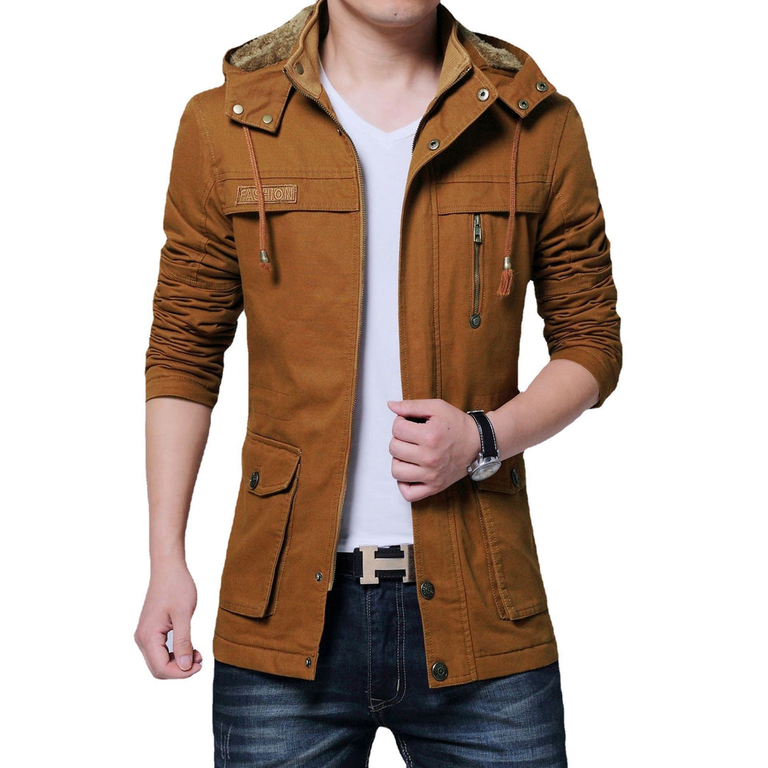 Herr Canvas Parka med Fodrad Huva, Multifunctional Fickor och Dold Dragkedja
