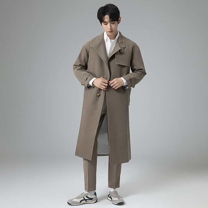 Herr Lång Modern Trench Kappa Tillverkad av Lätt Twill med Dold Knappslå och Midja Bälte