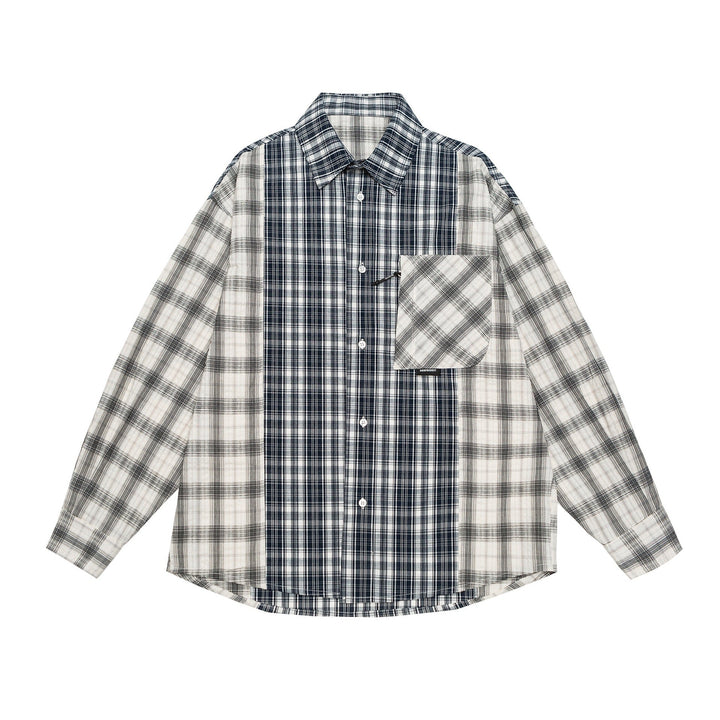 Unisex Oversized Skjorta Jacka med Patchwork Rutigt Mönster och Rounded Fåll