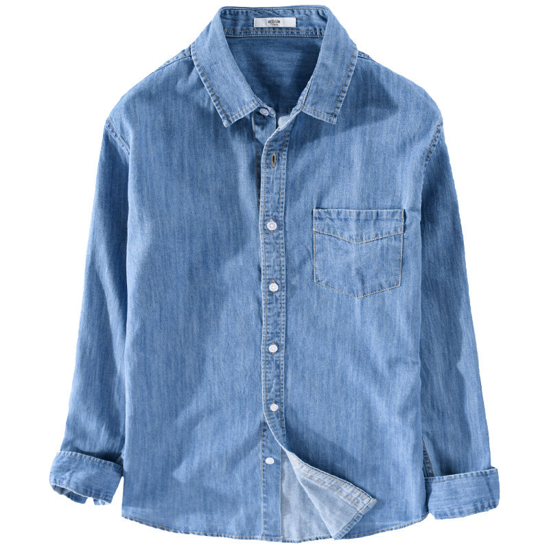 Herr Washed-Denim Överskjorta i Ledig Passform med Bröstficka och Kontrasterande Stitching