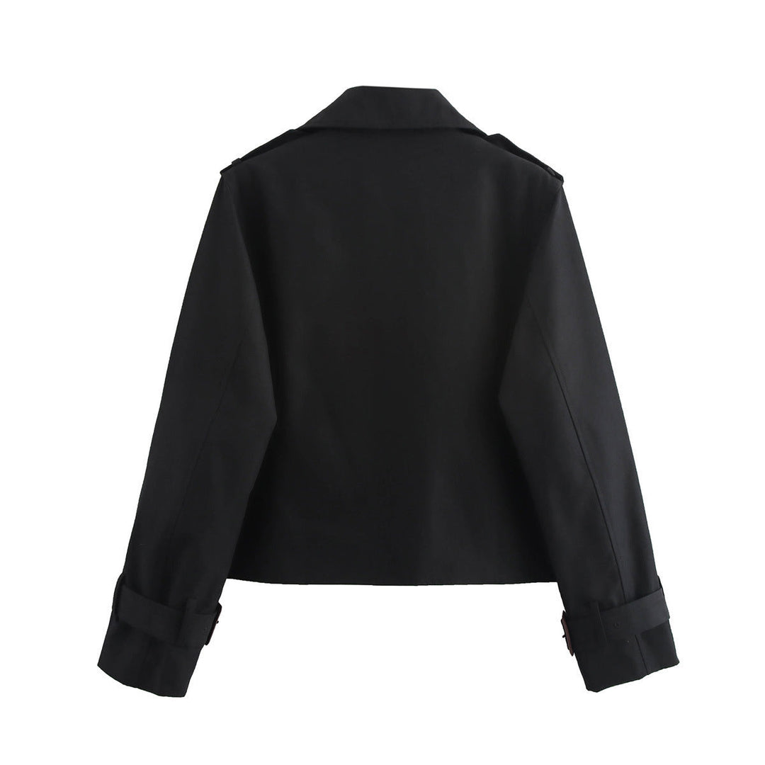 Dam kort skärning double-breasted trenchcoat med axel straps och adjustable cuffs