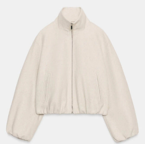 Dam Kort Skärning Bouclé Blouson Jacka med Stå Krage, Elastic Nederkant och Balloon Ärmar