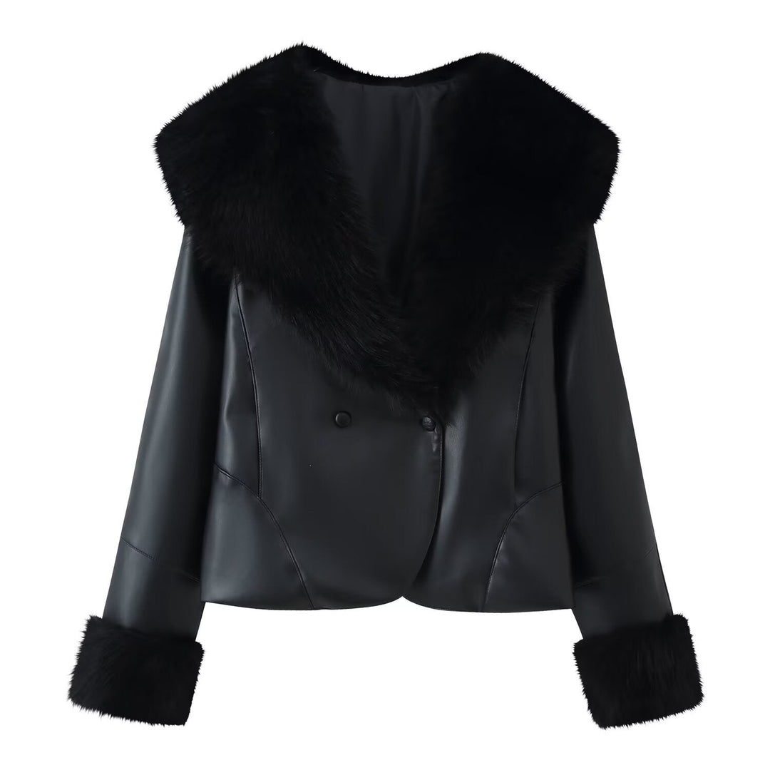 Dam 20+ Kort Jacka i Konstläder med Stora Faux Fur Krage och Fur Muddar