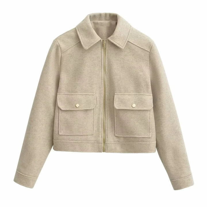 Dam boxy ullblandning shacket med concealed metal dragkedja, skjortkrage, och påsydda fickor