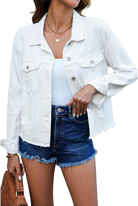 Dam kort skärning denimjacka med Frayed fåll och bröstfickor