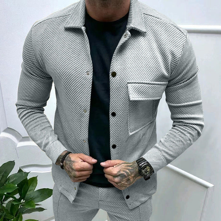 Herr slim ribbad structure overshirt jacka med tryckknapp stängning och bröst lock