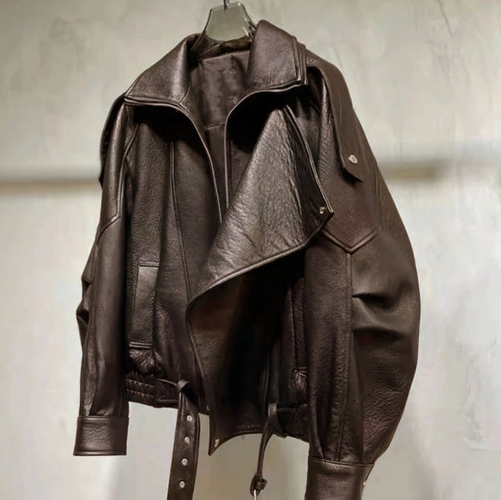 Herr Oversized Läder Jacka med Wide Asymmetrical Lapel och Midja Belt