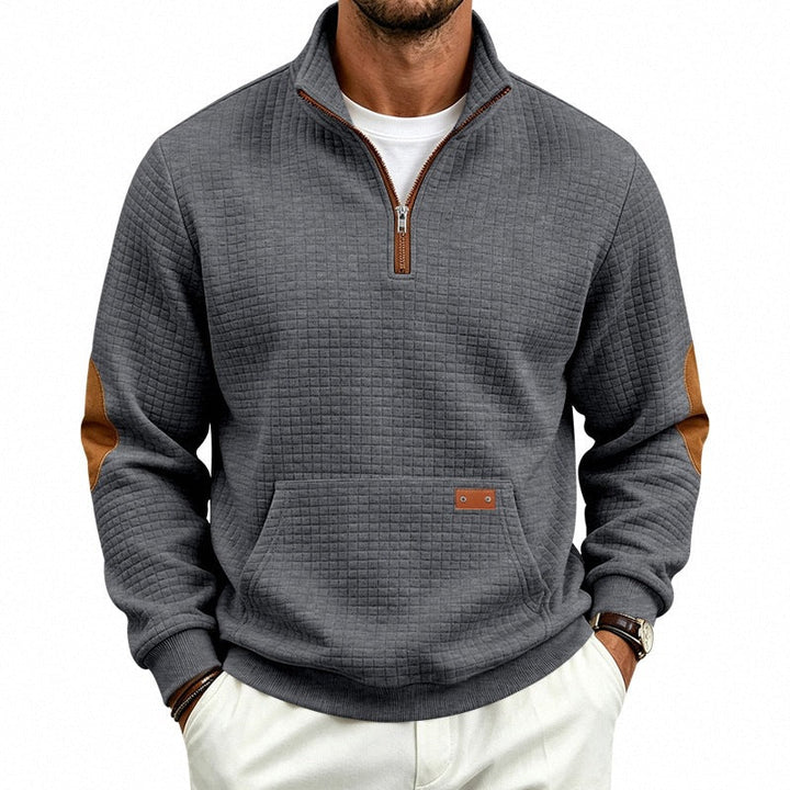 Herr Quiltad Structure Pullover med Halv Dragkedja, Elbow Lappar, och Känguruficka