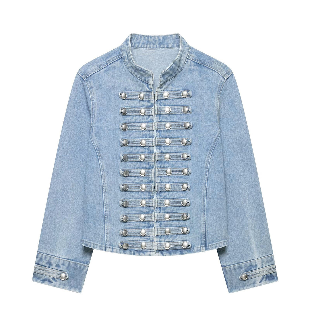 Dam Tailored Denim Blazer Jacka i Military Inspired Marshal Stil med Dekorativ Knapp Knäppning