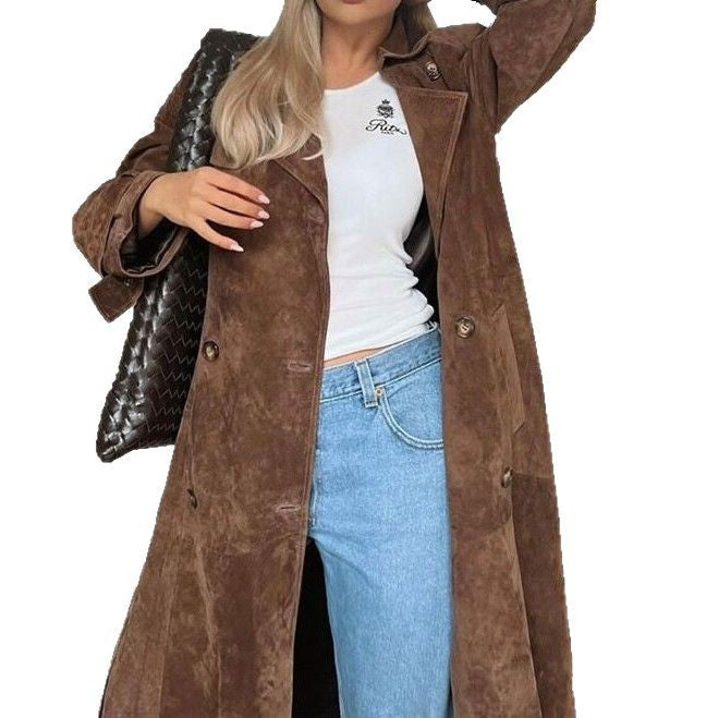 Dam lång mocka jacka in a minimalistisk trench look med mjuk Lapels