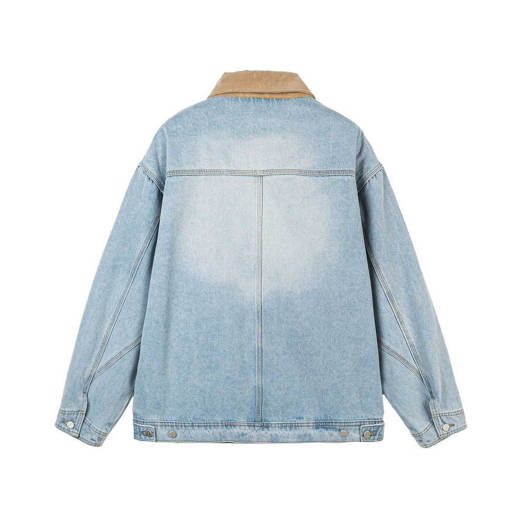 Dam Oversized Denim Jacka med Mocka Krage, Concealed Dragkedja och Distinctive Fickor