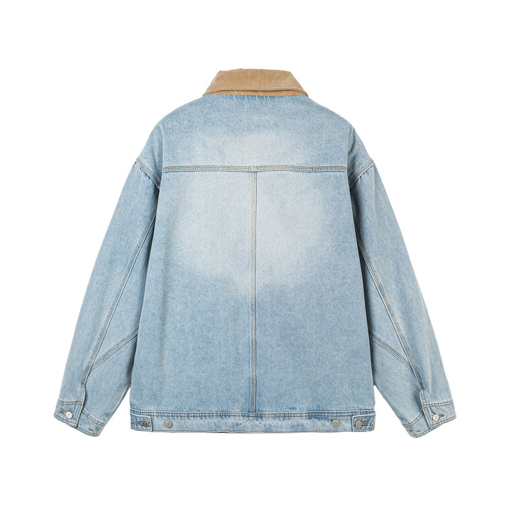 Dam Oversized Denim Jacka med Mocka Krage, Concealed Dragkedja och Distinctive Fickor