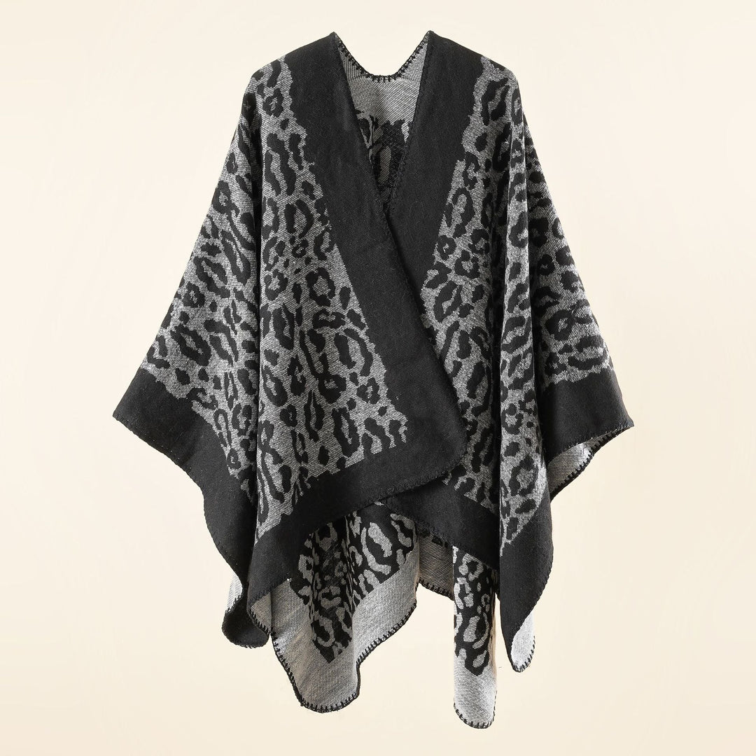 Dam chunky woven jacquard cloak med leopardprint och open kimono silhuett