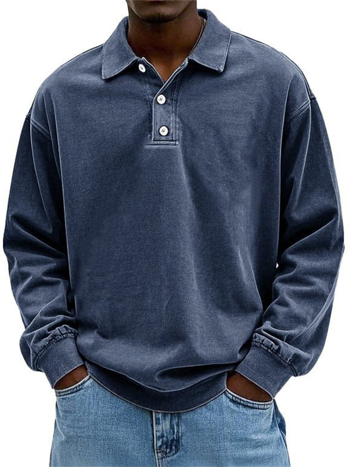 Herr Oversized Denim Look Polo College-Tröja med Kort Knapplist och Elastiska Muddar EB
