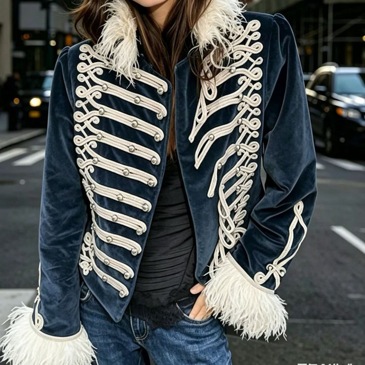 Dam sammet Military jacka med Feather Trim och dekorativ Piping