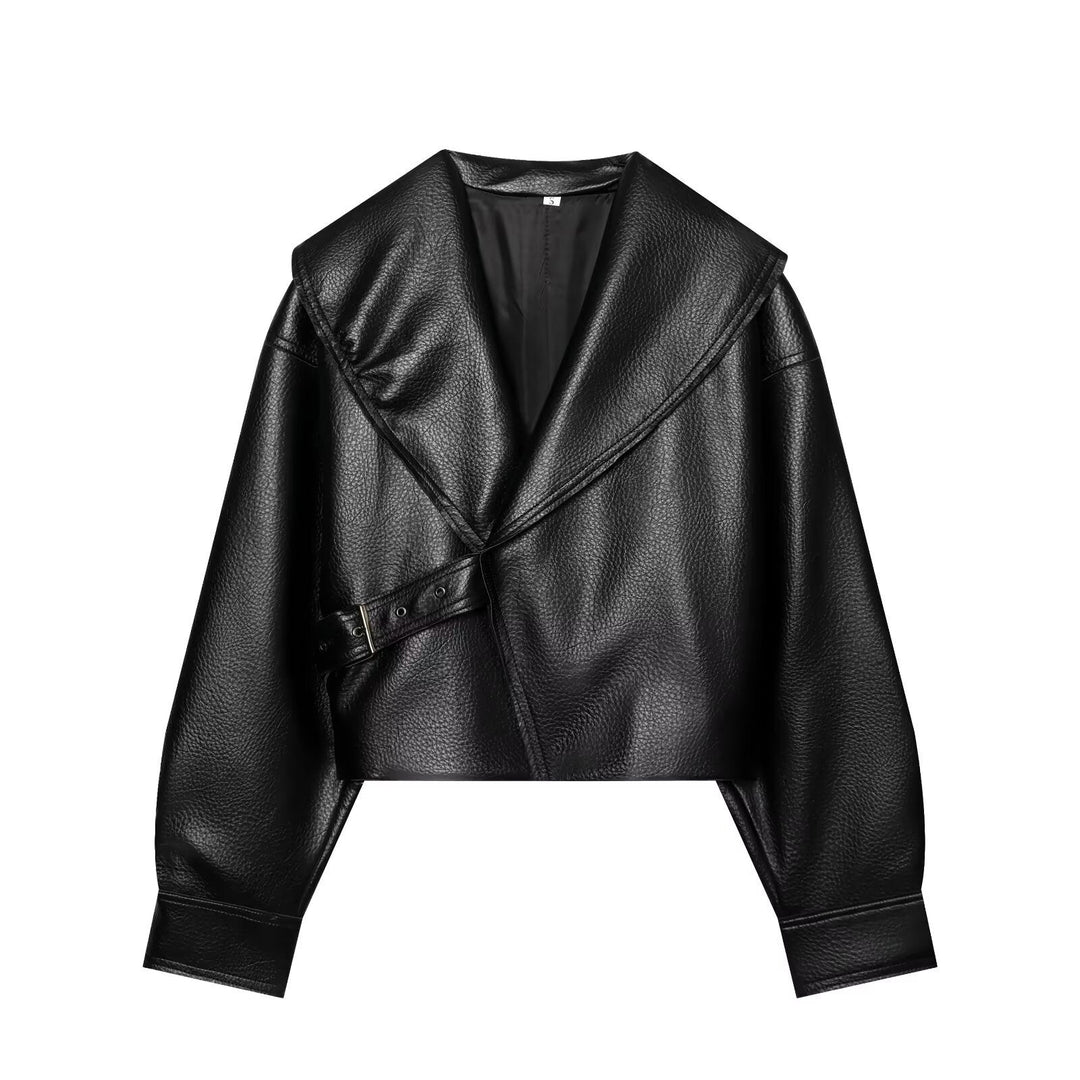 Dam Kort Jacka i Läderlook med Stora Shawl Krage, Wrap Belt och Textured Surface