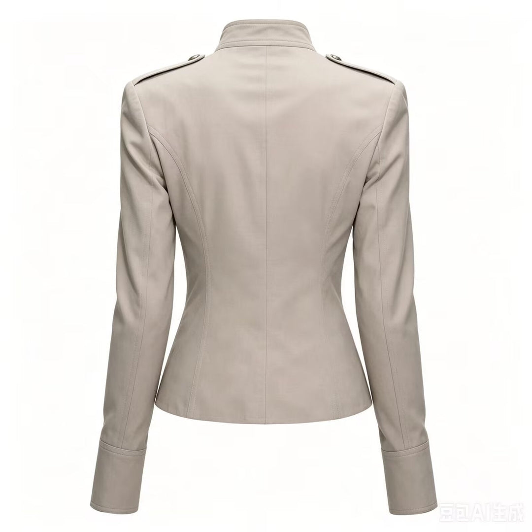 Dam Tailored Military-Inspired Jacka med Stå Krage, Dekorativ Knapp Row och Dragkedja