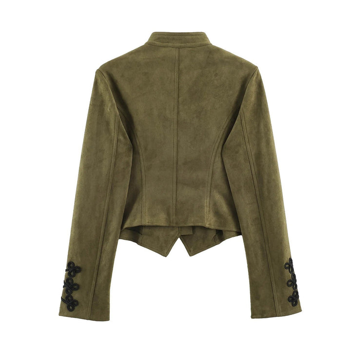 Dam Tailored Kort Military Jacka Tillverkad av Suede Imitation med Stå Krage och Dekorativ Kant Cords