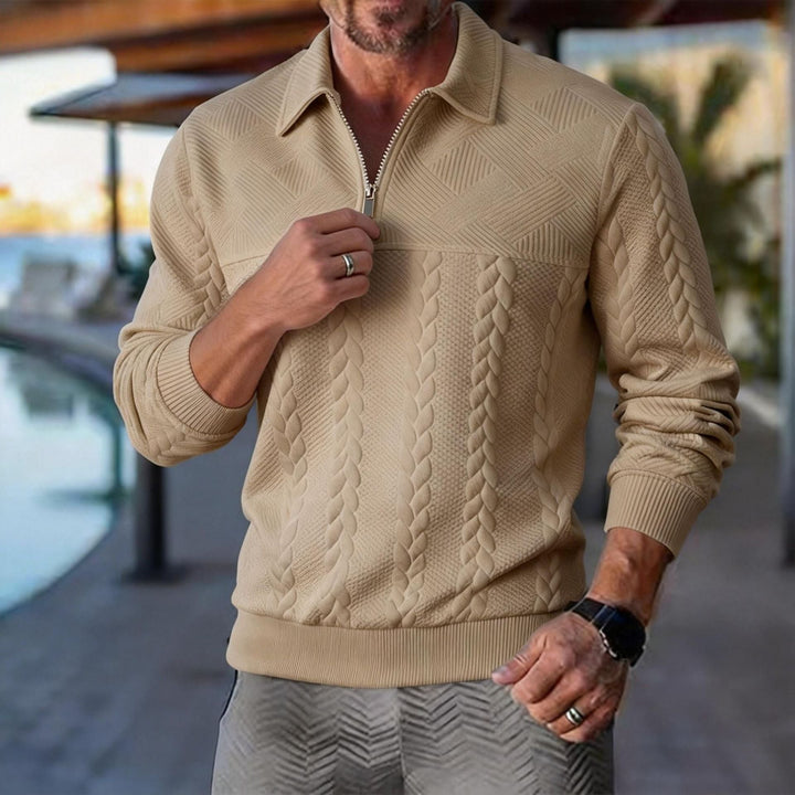 Herr Strukturerad Halv Dragkedja Pullover med Turtleneck, Cable Mönster och Finely Ribbstickade Muddar