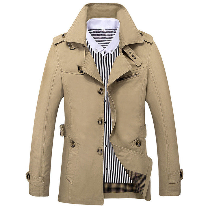 Herr Short Trenchcoat med Axel Patches, Midja Belt och Randig Foder