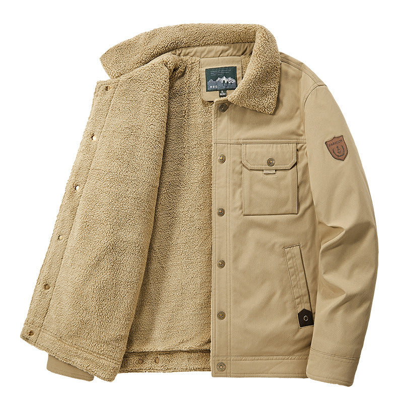 Herr Insulated Canvas Work Jacka med Teddy Fleecefoder, Bröst Patches och Utility Fickor