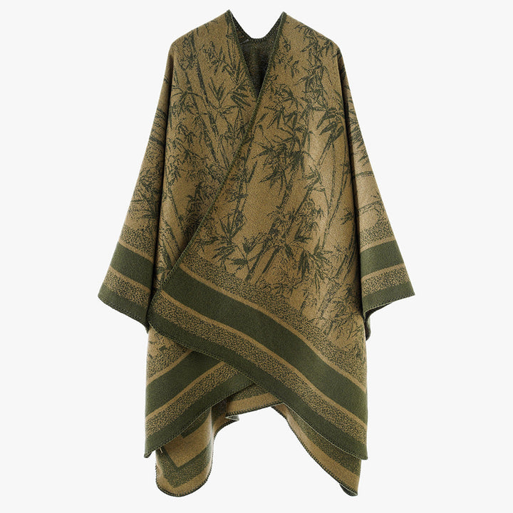 Dam Jacquard poncho i Cape stil med Bamboo design och öppen front