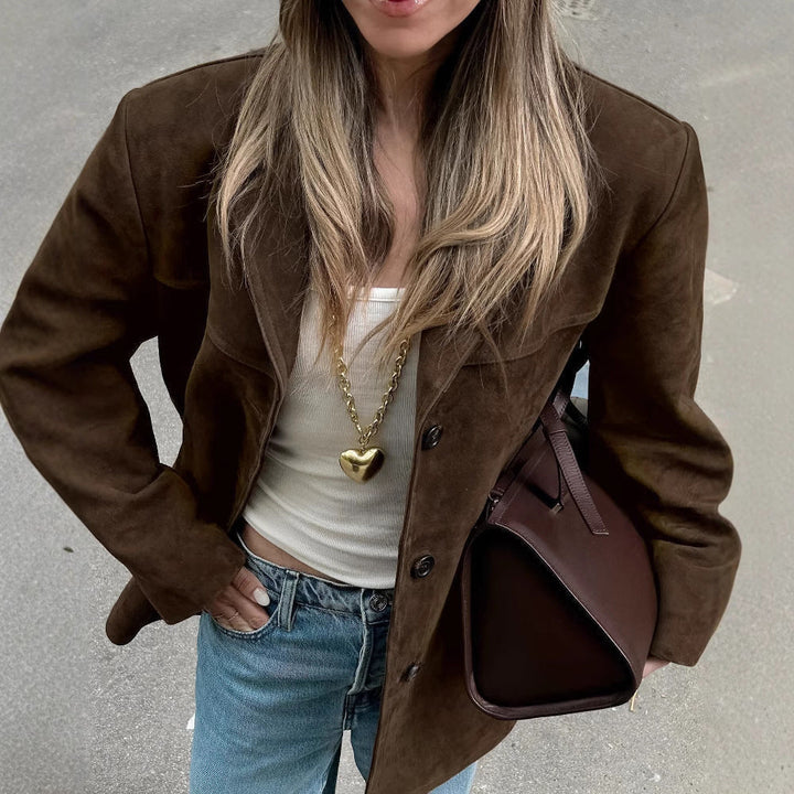 Dam oversize mocka blazer med slagkrage och Flap fickor