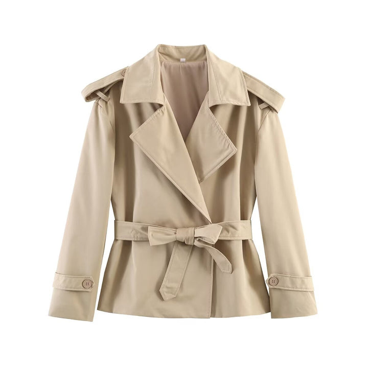 Dam Kort Trenchcoat med Waist Belt, Double-Breasted Front och Shoulder Flaps
