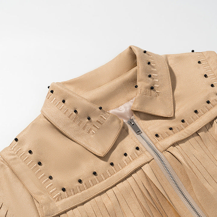 Dam kort Fringe mocka jacka in Western stil med Studded Accents och fram dragkedja