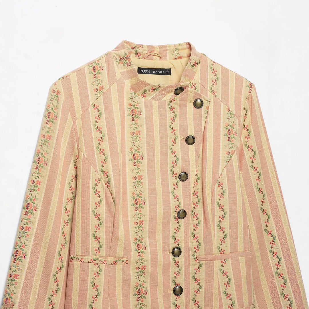 Dam Kort Blouson Jacka i Vintage Rand Mönster med Asymmetrisk Knapp Knäppning