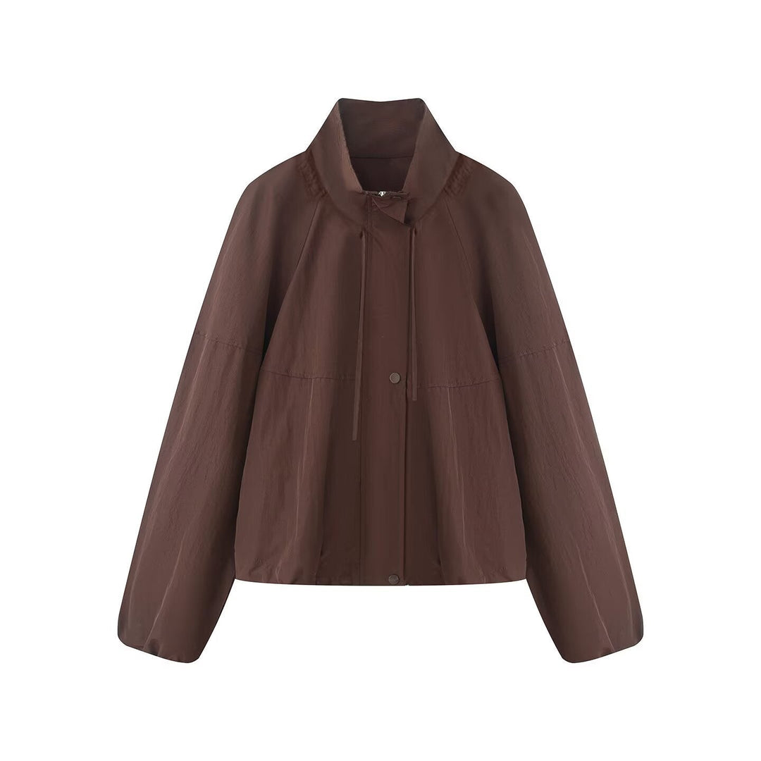 Dam Lätt Oversize Blouson Jacka Tillverkad av Nylon med Stå Krage, Drawstring och Tryckknapp Knapp Stängning