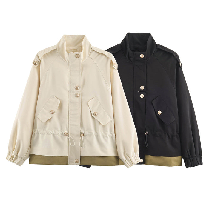 Dam lätt field jacka med dragsko, ståkrage, epaulettes, och lace trim