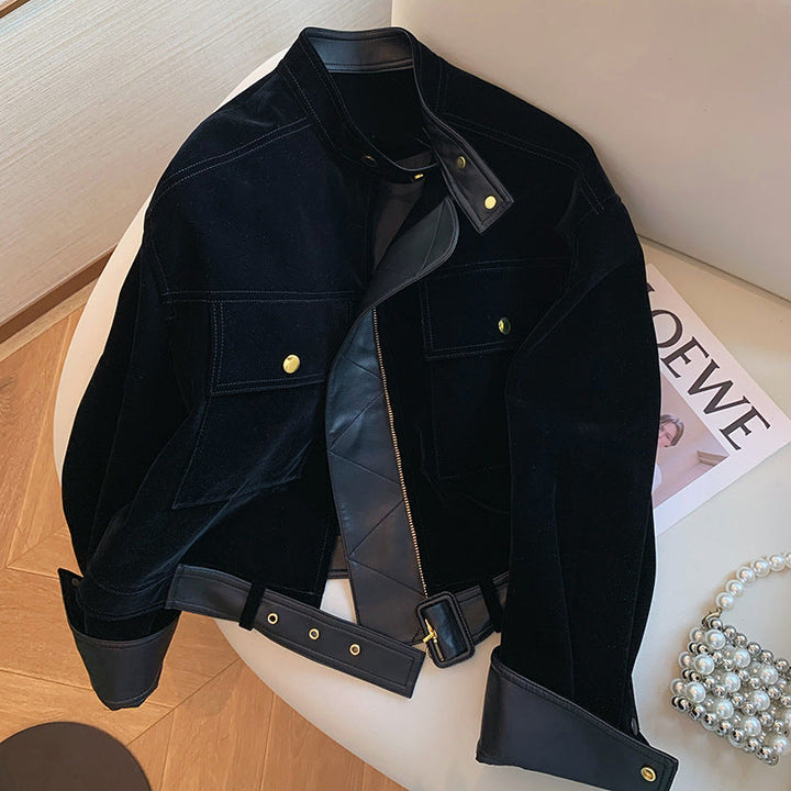 Dam sammet bikerjacka med läder trim, justerbar bälte &amp; gold detaljer