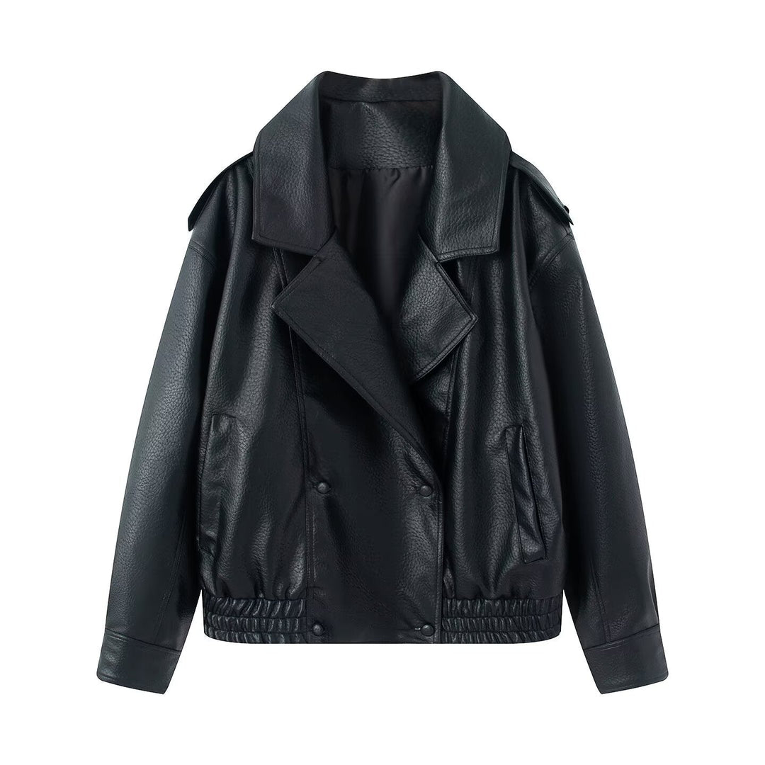 Dam oversize konstläder jacka med stor Lapels, Double-Breasted Snap Placket och Elastic fåll