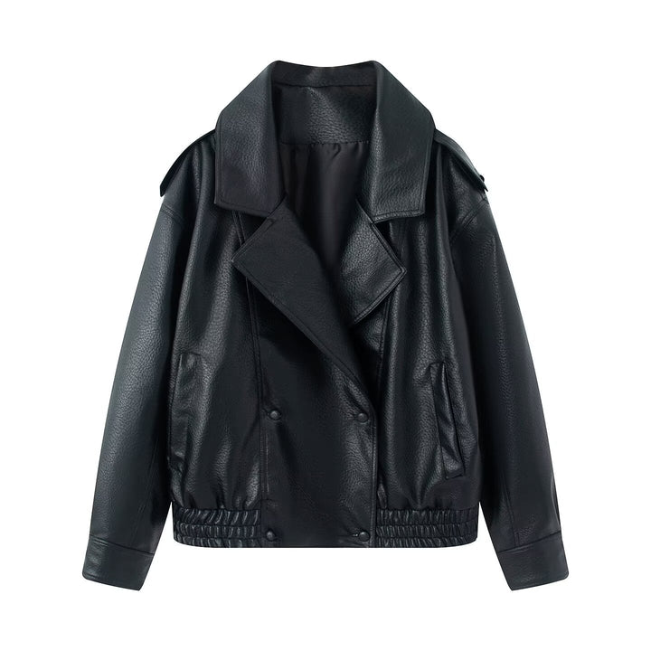 Dam oversize konstläder jacka med stor Lapels, Double-Breasted Snap Placket och Elastic fåll