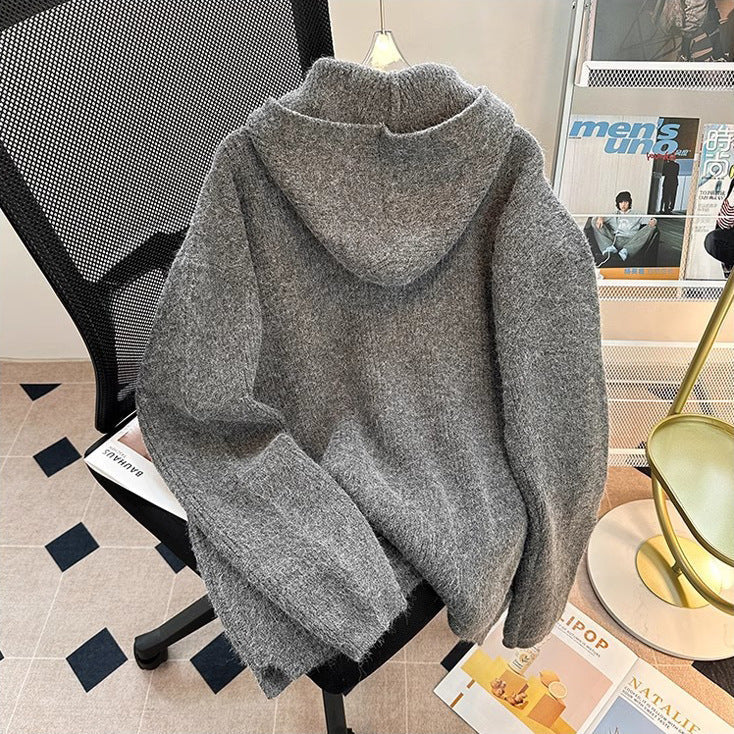 Herr Chunky Stickad Pullover med Huva och Dragkedja