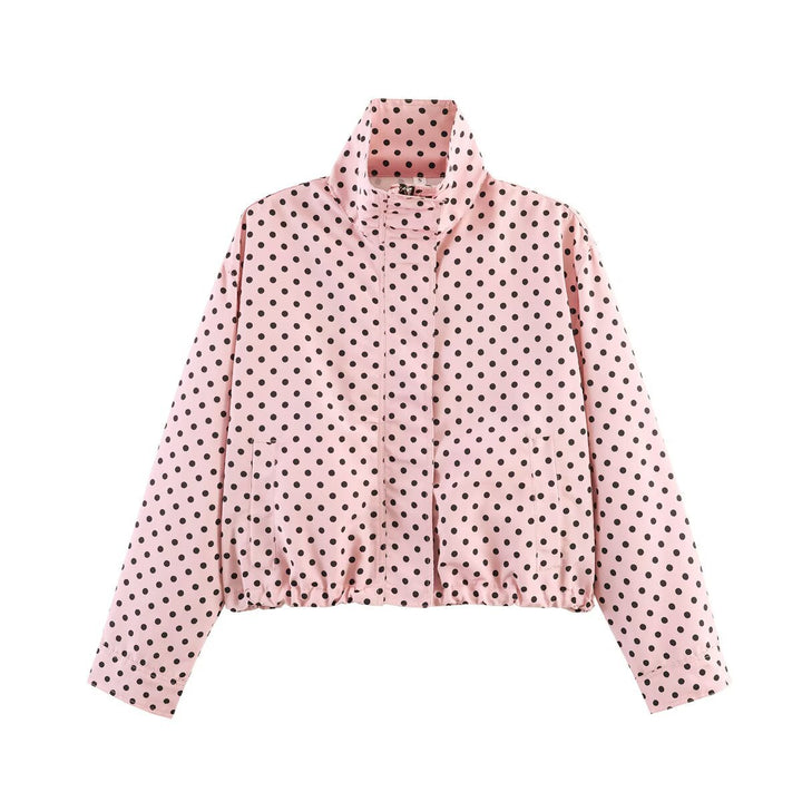 Dam Dotted Kort Jacka med Stå Krage, Dold Front Knäppning och Drawstring