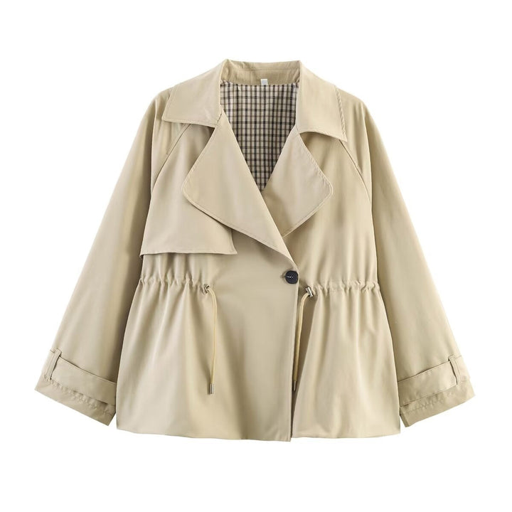 Dam Kort Trench-Stil Jacka med Midja med Dragsko och Check Foder