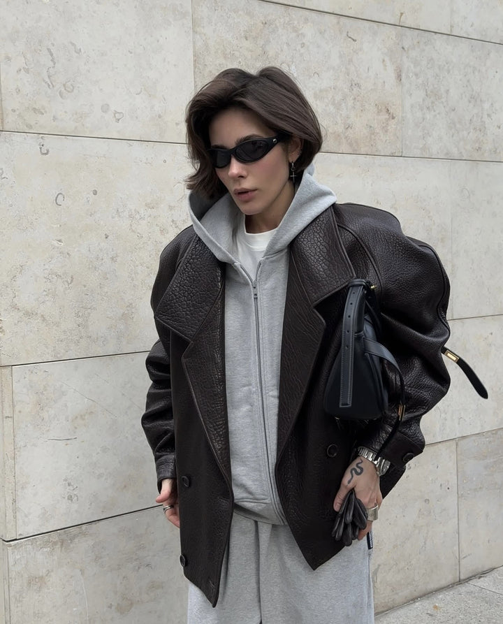 Dam oversize läderlook kappa med Textured Surface och vid Lapels