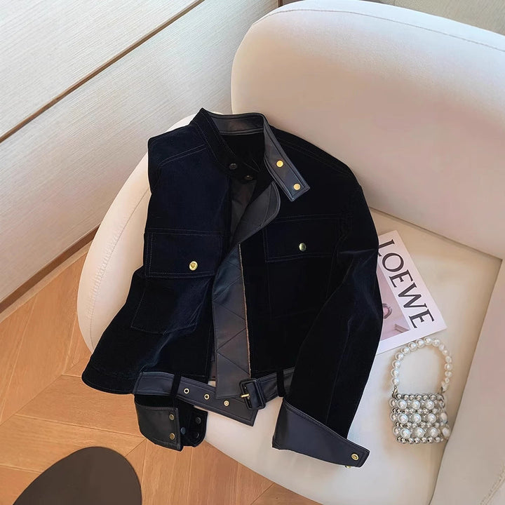 Dam sammet bikerjacka med läder trim, justerbar bälte &amp; gold detaljer