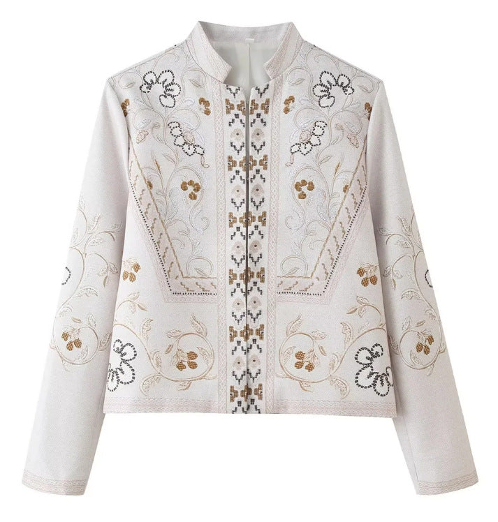 Dam Fine Embroidered Kort Jacka med Stå Krage och Blommig Ornament Embroidery