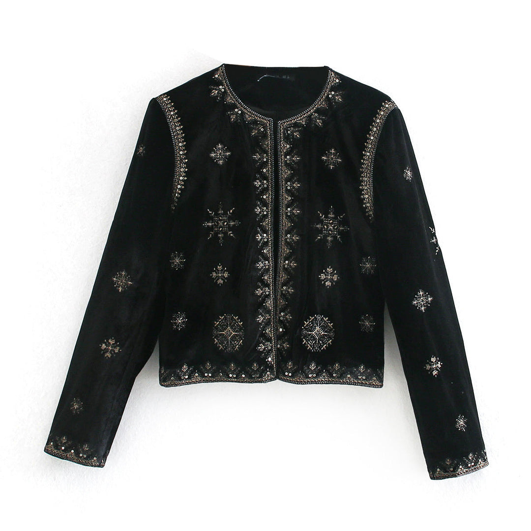 Dam kort sammet jacka med delicate metal broderi och bead embellishment